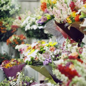 Beautiful display of colorful floral bouquets in an indoor flower shop in Dnipro, Ukraine.
